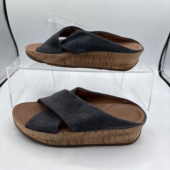 FitFlop Kys Slide Sandals Blue Suede Leather Women 6 Cross Strap Cork Footbed - Picture 5 of 10
